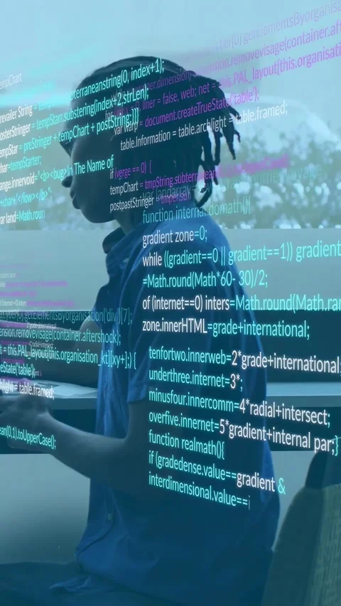 Vertical video: Dev typing by window causing code overlay growing over torso to Stock Footage 333556850