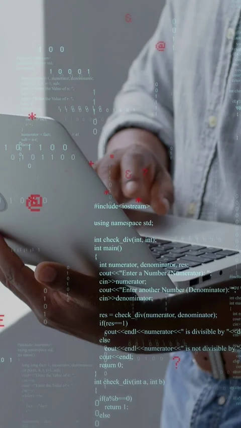 Vertical video: Developer angling laptop, opening and typing while code overlay Stock Footage 335355241