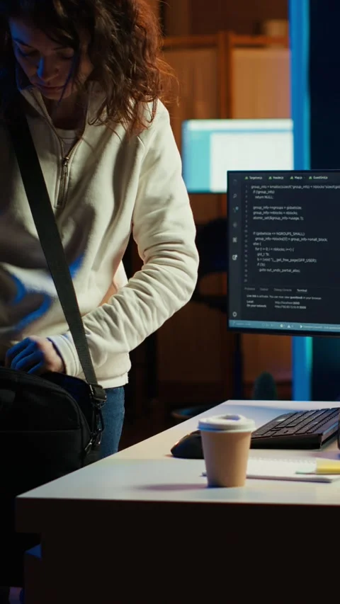 Vertical video Developer holding disposable cup of coffee entering home office Stock Footage 283508724