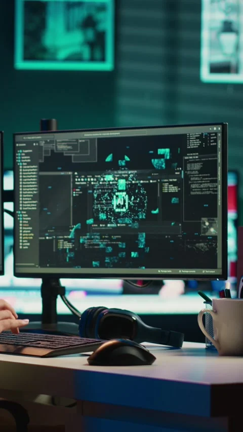 Vertical video Developer inserting disk into PC containing conscient AI waving Stock Footage 267160687