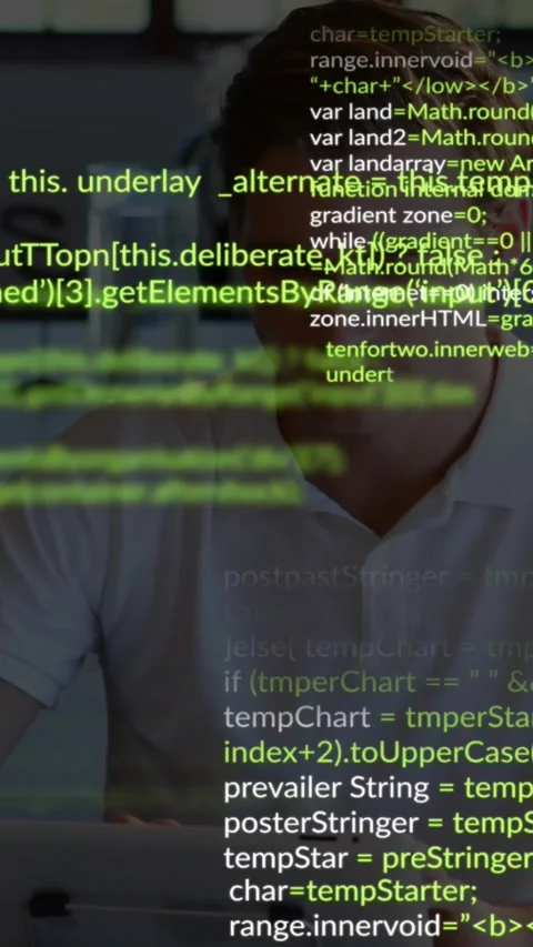 Vertical video: Developer reviewing code overlay appearing over face, sipping Stock Footage 330395860