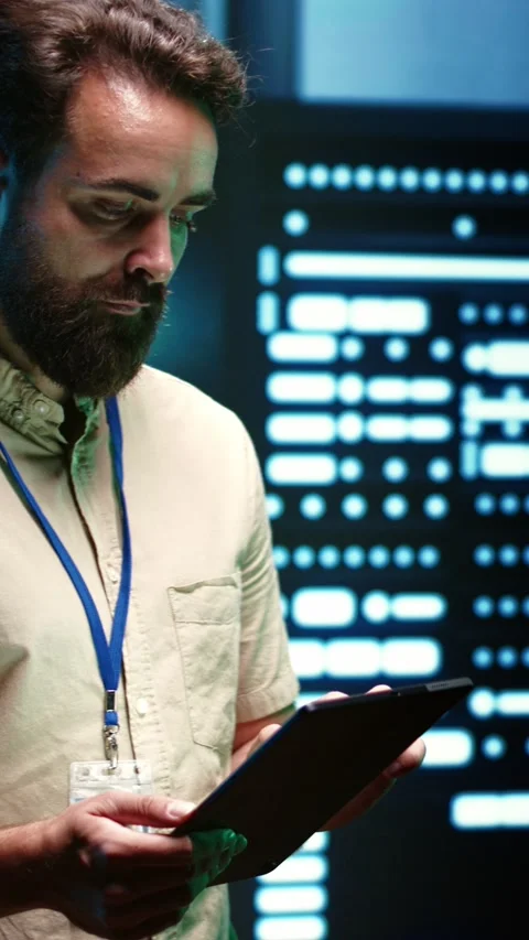 Vertical video Developer in server room Stock Footage 245919048