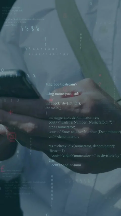 Vertical video: Developer tapping phone, initiating tech overlay layering over Stock Footage 330769671