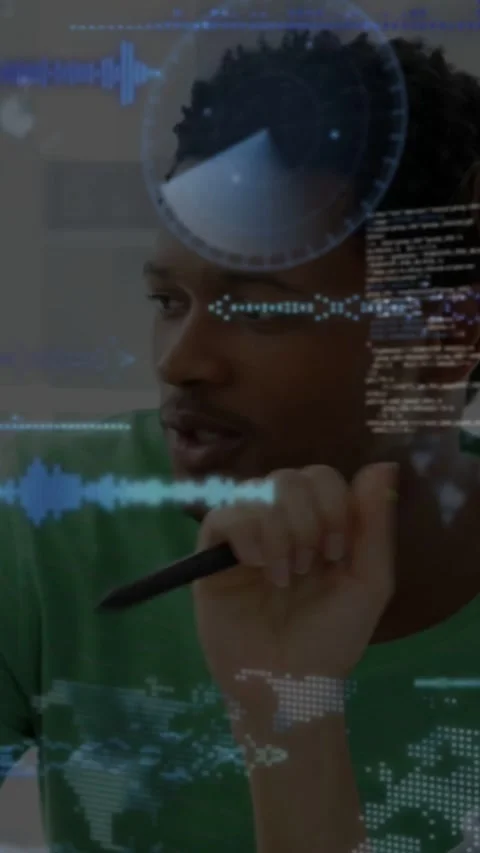 Vertical video: Developer tapping screen, starting code HUD overlays growing Stock Footage 331271097