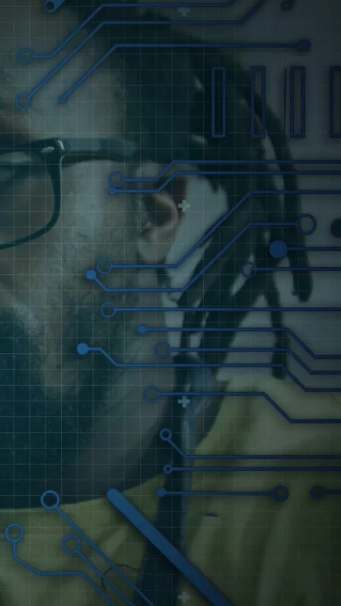 Vertical video: Developer turning head as code overlays animating across face, Stock Footage 331168882