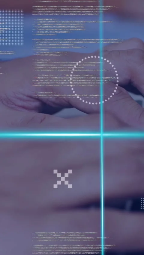 Vertical video: Developer typing keys starting neon HUD code overlays syncing Stock Footage 335264128