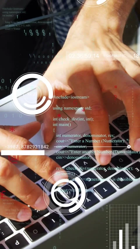 Vertical video: Developer typing on patio, right hand pressing keys showing code Stock Footage 331404993