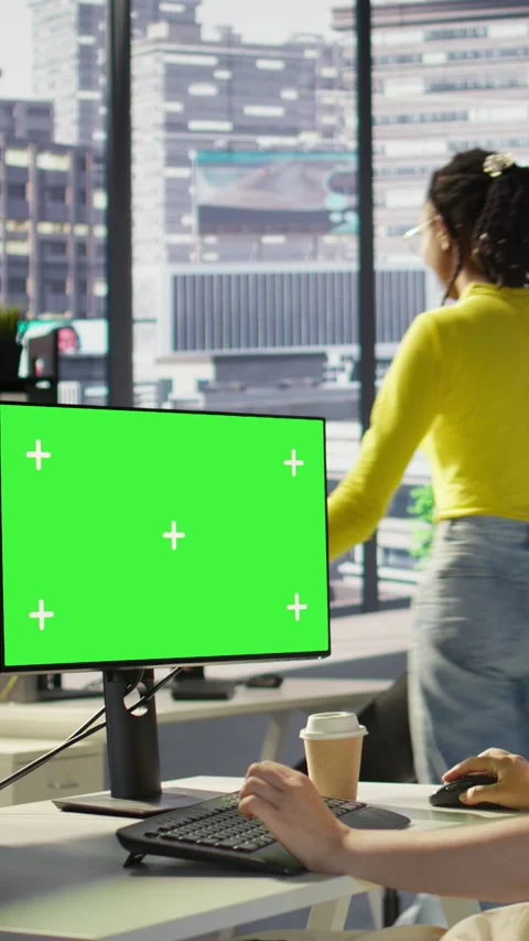 Vertical video Developer using multi monitor isolated screen PC in office Stock Footage 319484612