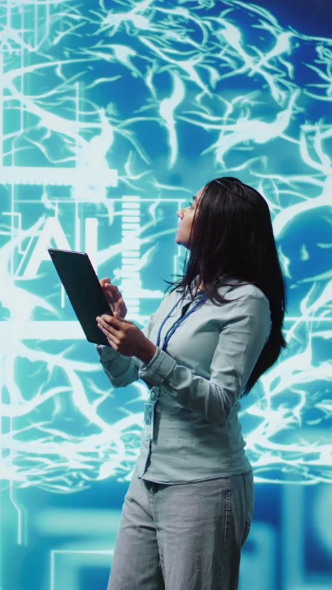Vertical video Developer using tablet to implement artificial intelligence Stock Footage 278375297