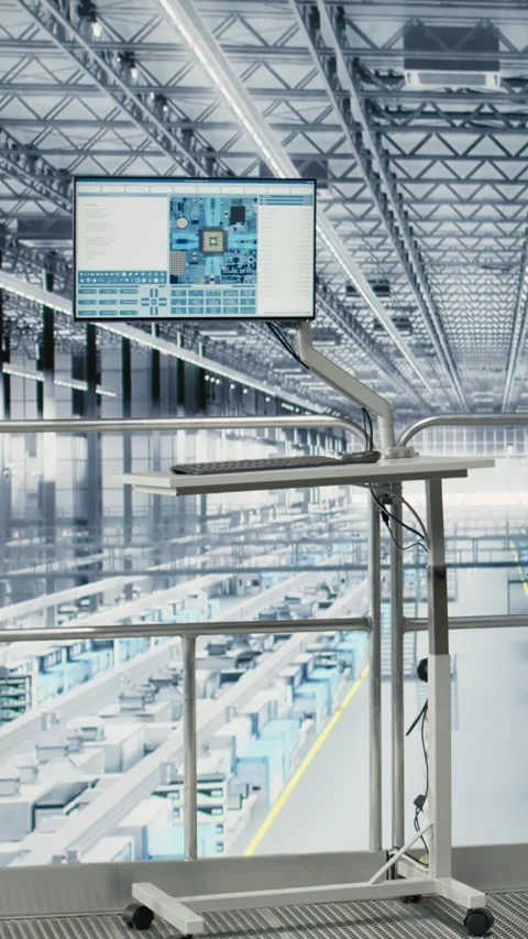 Vertical video Developing electronics, simulation software on display and empty Stock Footage 333613986