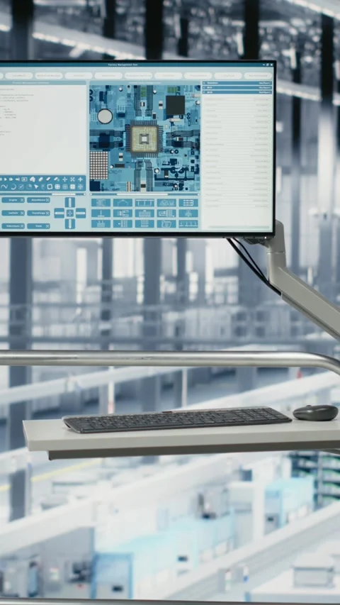 Vertical video Developing electronics, simulation software on display and empty Stock Footage 333614339