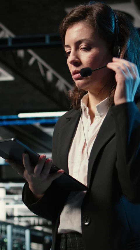 Vertical video Diagnosing tech issues, AR holographic IT support worker in data Stock Footage 330098549