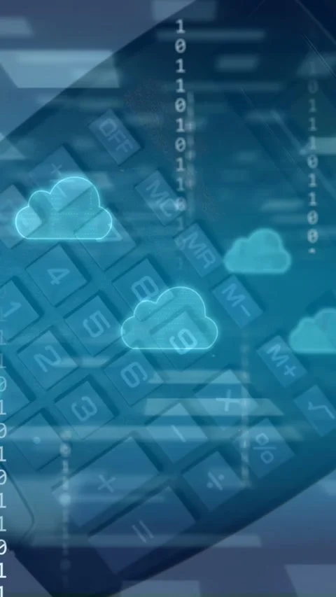 Vertical video: Diagonal keypad clearing as neon clouds rising, bits falling, Stock Footage 335802709