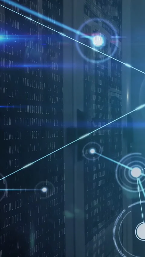 Vertical video: Diagonal light sweeping racks tech network forming nodes and Stock Footage 332806530