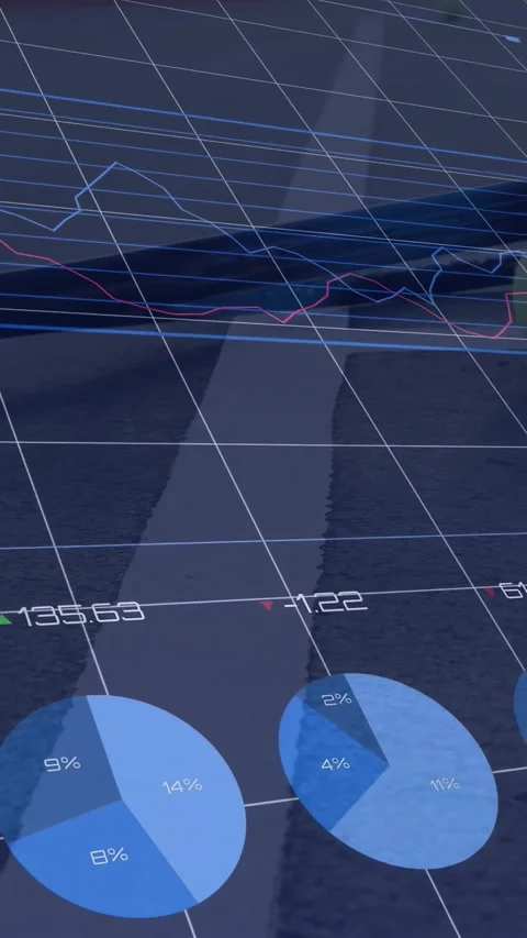 Vertical video: Diagonal pan making hologram data plane showing bars, lines, Stock Footage 329913471