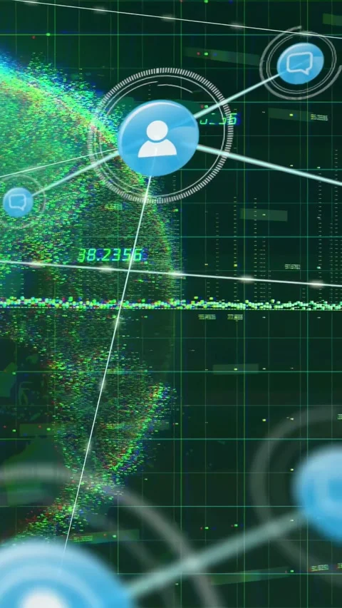 Vertical video: Diagonal sweep starting node, user growing, linking chats, Video stock 332595085