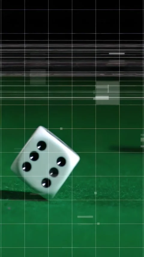 Vertical video: Dice entering left rolling on green felt under glitch main die Stock Footage 328398853