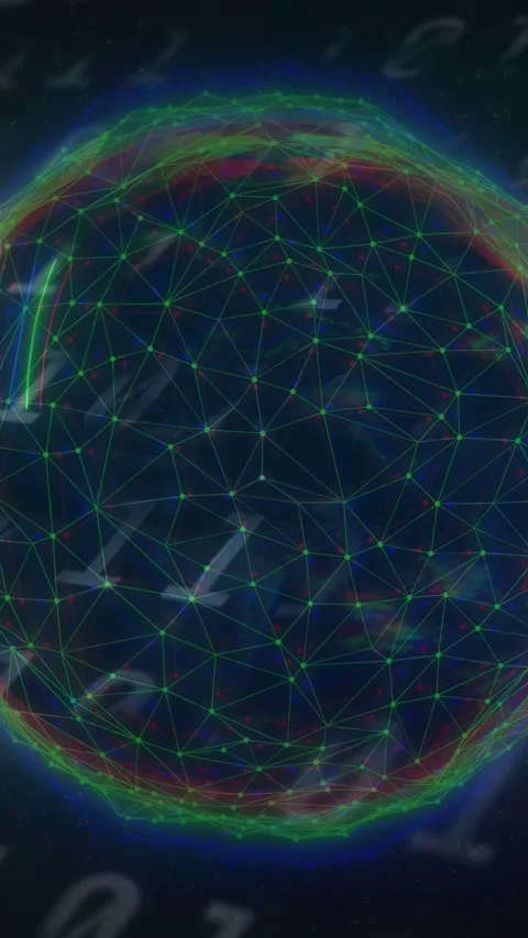 Vertical video: Digital globe rotating after neon stroke, mesh pulsing, bits Stock Footage 334296465