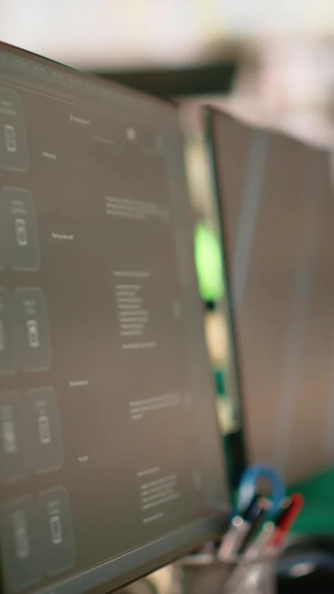 Vertical Video Digital learning screens on computer monitors placed on library Stock Footage 337530033