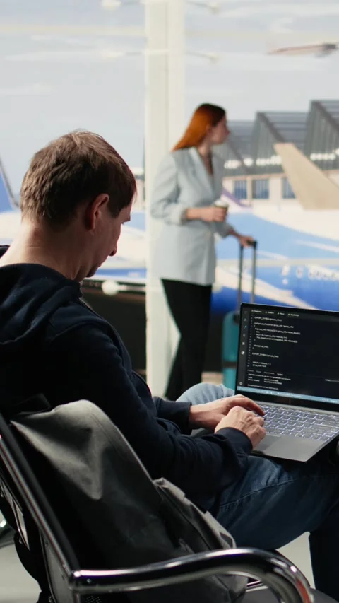 Vertical Video Digital nomad man programming on laptop in international airport Stock Footage 333611821