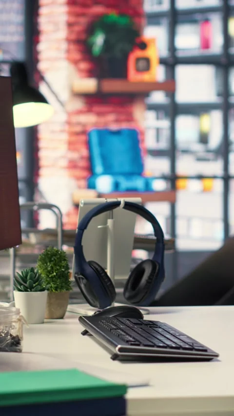 Vertical Video Digital workstation features multiple PC monitors running Stock Footage 308491398