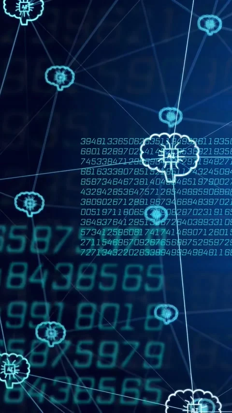 Vertical video: Digits band rising, core brain node pulsing as lines glowing Video stock 332806616