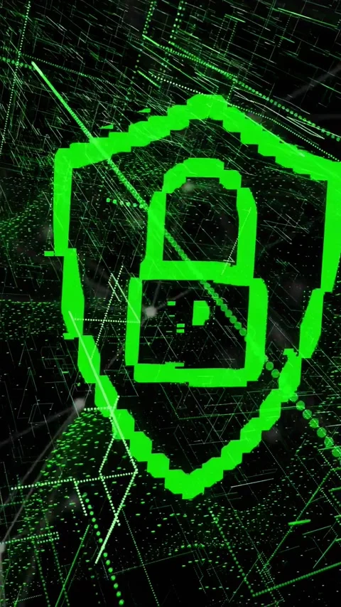 Vertical video: Digits cycling, neon green shield morphing into padlock, Stock-Footage 330195743
