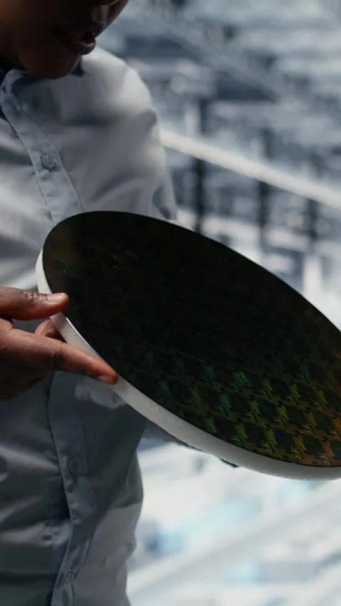 Vertical video Discussing, silicon wafer and woman with colleague in production Stock Footage 333614148