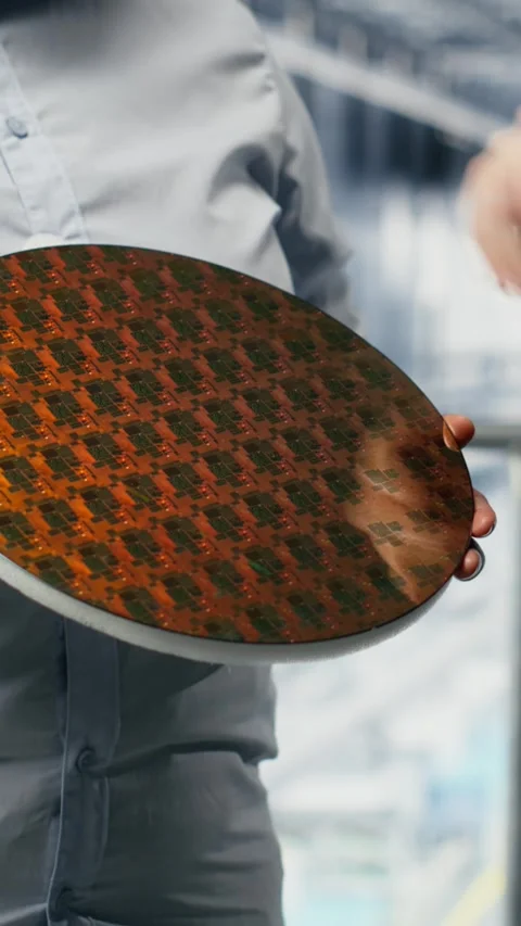 Vertical video Discussing, silicon wafer and woman with colleague in production Video stock 333614496