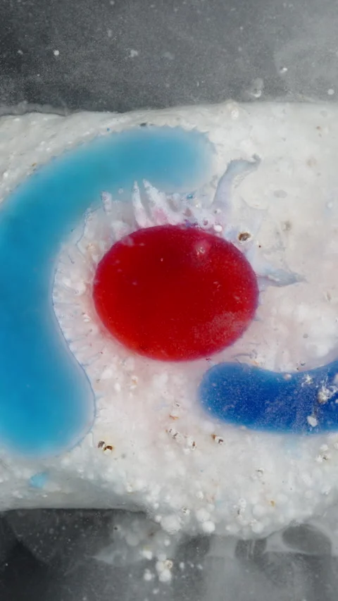 Vertical video. Dishwasher Tablet Begins to Dissolve, Colors Spreading and Stock Footage 283307817