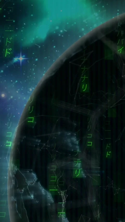 Vertical video: Disk entering frame causing globe spinning and mapping tech data Stock Footage 330358732