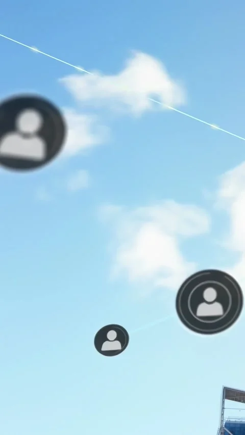 Vertical video: Disk from right emerging, causing avatars moving, linking over Stock Footage 334601051
