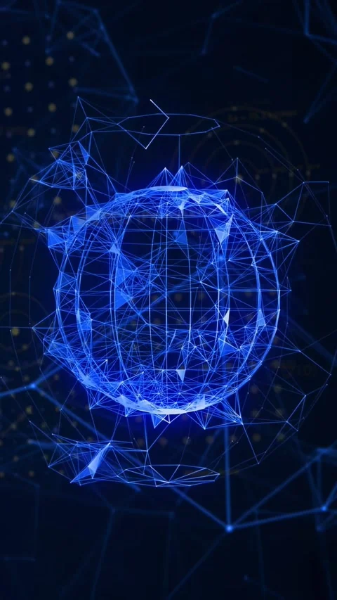 Vertical video: Dispersed blue lines forming wireframe, blue globe rotating, Stock Footage 335802646