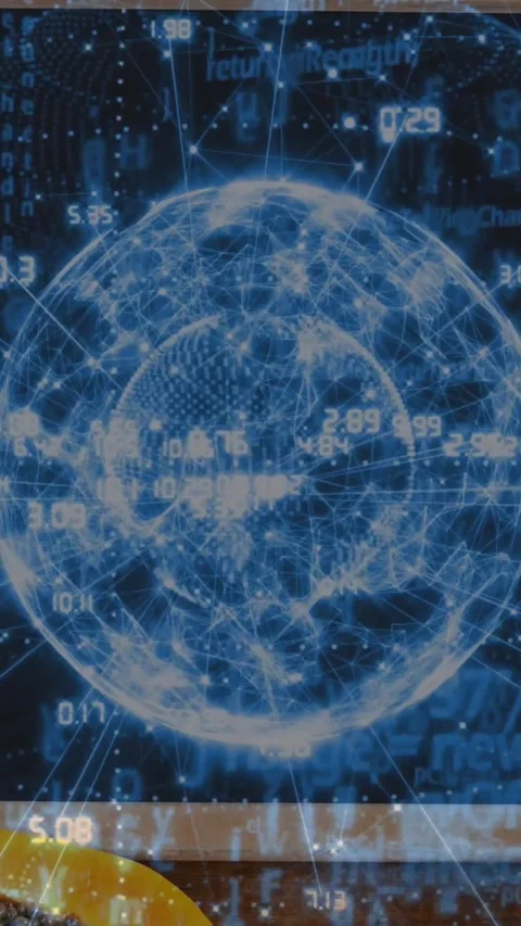 Vertical video: Display powering, 3D globe rotating, pulsing, shifting data Stock Footage 331047509