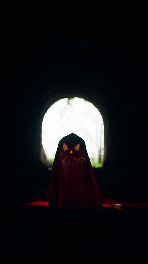 Vertical video. Distant Ghost Shaped Jack O Lantern in Dark Tunnel Framed by Bri Stock Footage 337104167
