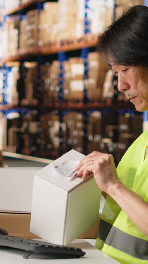 Vertical Video Distribution hub staff printing and applying awb labels on Stock Footage 312649979