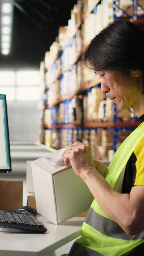 Vertical Video Distribution hub staff printing and applying awb labels on Stock Footage 312649983