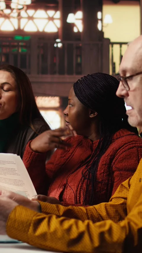 Vertical Video Diverse actors team reading their scripts during theatre drama Stock Footage 313246566