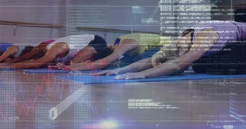 Vertical video: Diverse class settling on blue mats, holding child pose in Stock Footage 330380278