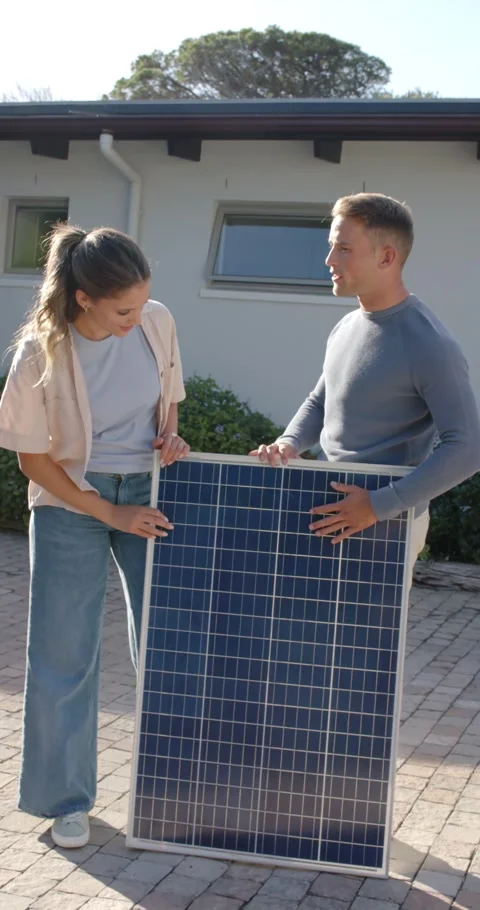 Vertical video: Diverse couple placing upright solar panel on driveway, Stock Footage 345323815