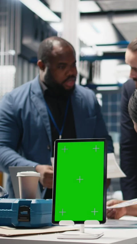 Vertical Video Diverse engineering team sharing expertise with isolated screen Stock Footage 311341223