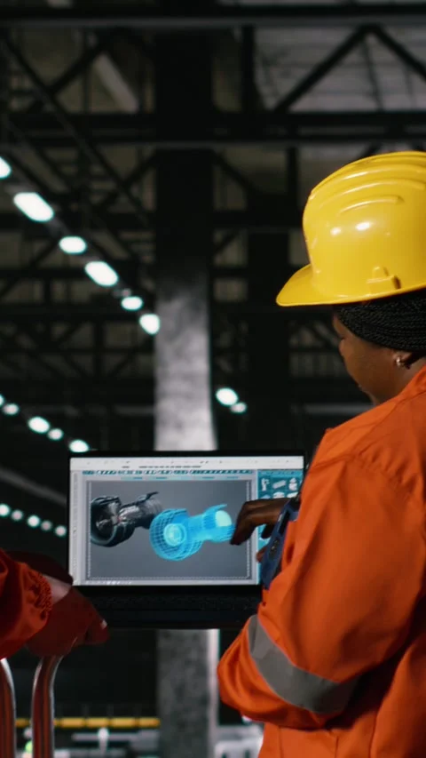 Vertical Video Diverse engineers, turbine asset component, data on laptop Stock Footage 330201700