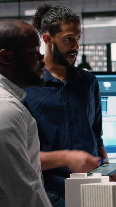 Vertical Video Diverse team of developers sharing construction details in a Stock Footage 316184577
