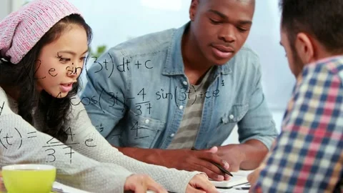Vertical video: Diverse team doing math at table, Asian woman pointing notes Stock Footage 332686378