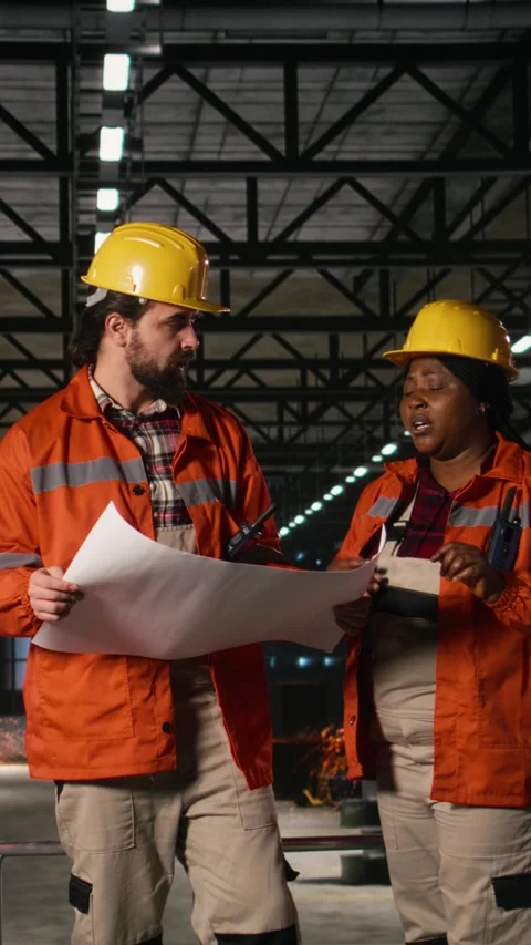 Vertical Video Diverse team of engineers studying blueprints and layout plans in Stock Footage 330203063