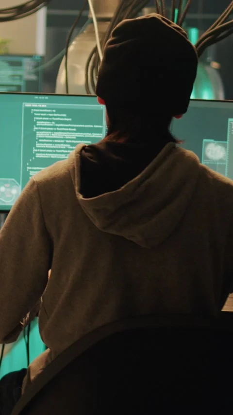 Vertical video: Diverse team of thieves committing cyber attack with computer Stock Footage 227666243