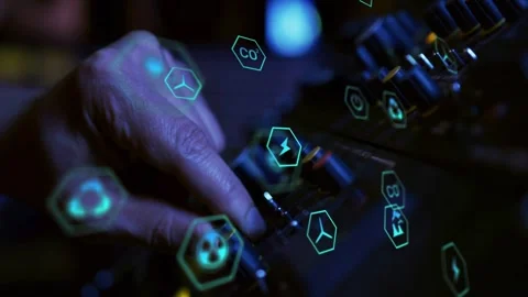 Vertical video: DJ right hand entering rotating knobs and switches tuning mix Stock Footage 332804737