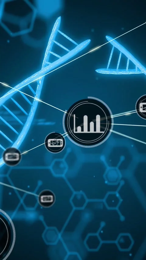 Vertical video: DNA helix and HUD node reacting to pulse, rotating, linking Stock Footage 332594552