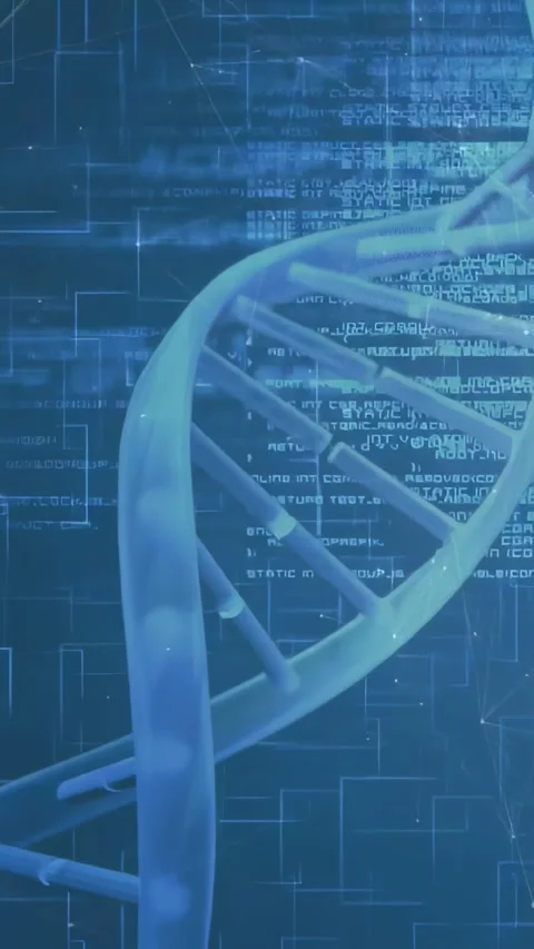 Vertical video: DNA helix rotating while camera zooming, nodes moving and code Stock Footage 328686358