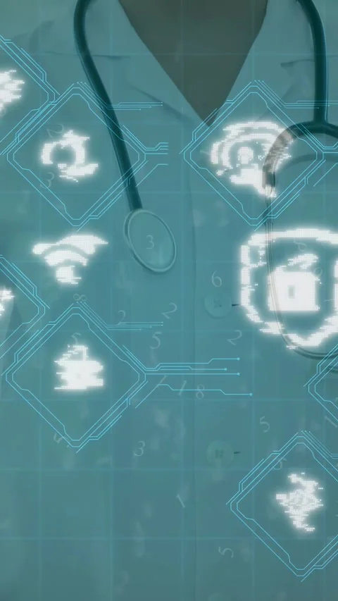 Vertical video: Doc glitching UI overlaying locks camera rising showing steth Video stock 331029943